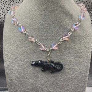 Handmade Hematite Alligator Necklace with Pink Glass Beads